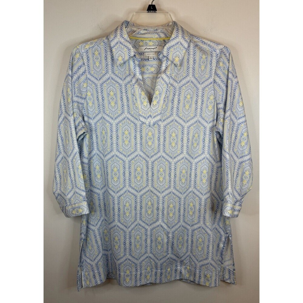 FOXCROFT Shaped Fit Blue Yellow Cotton Tunic Top 6 Wrinkle Free Collar Resort